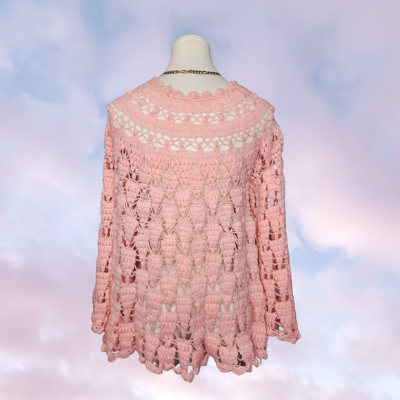 Vtg Handmade Pink Open Knit Coquette Cottage Prairie Bell Sleeve Knit Sweater - Picture 5 of 7